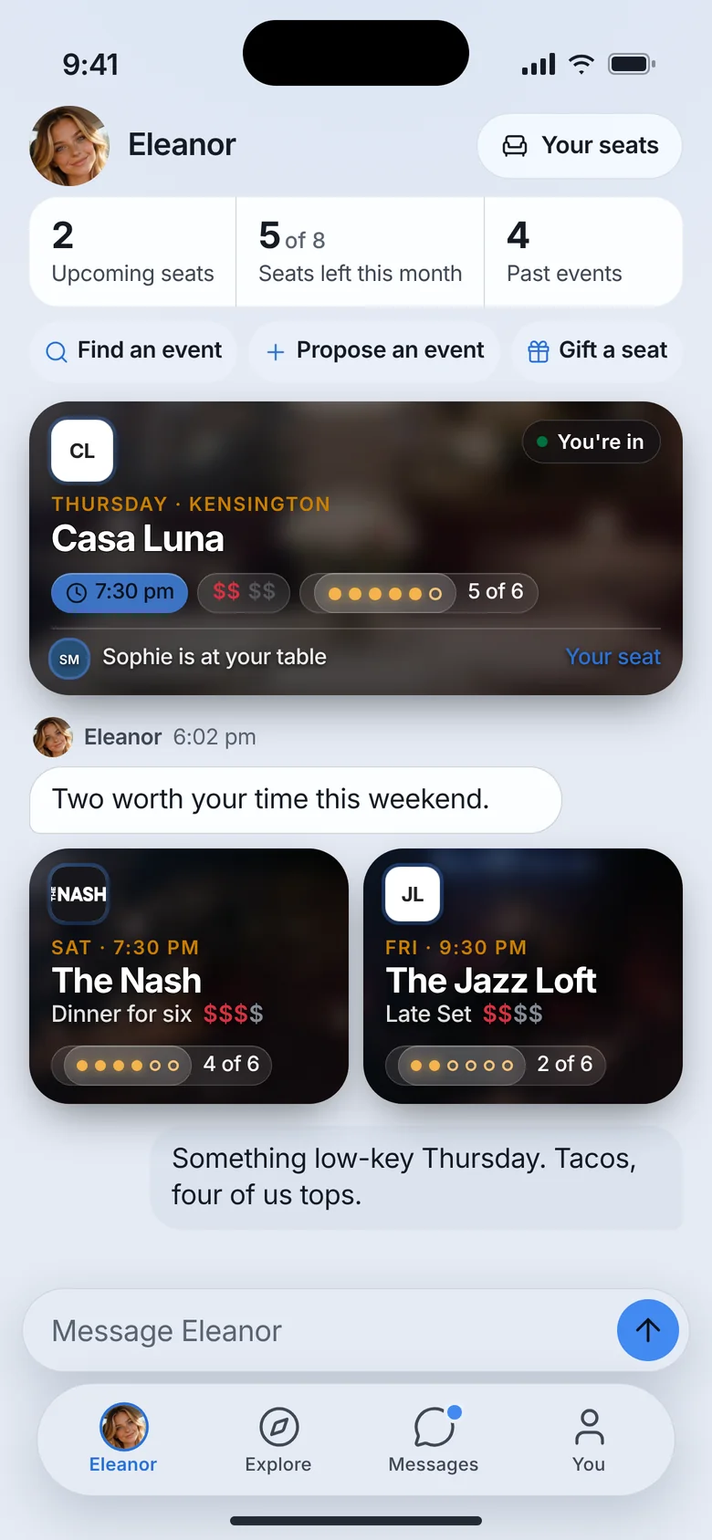 The OpenSeat home screen: Eleanor, the assistant, shows two upcoming seats and suggests two events.