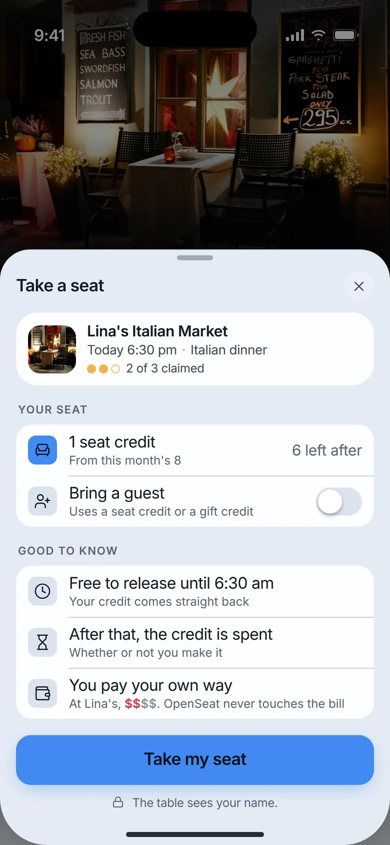 The Take a seat sheet: one seat credit, free to release until the cutoff, after that the credit is spent.